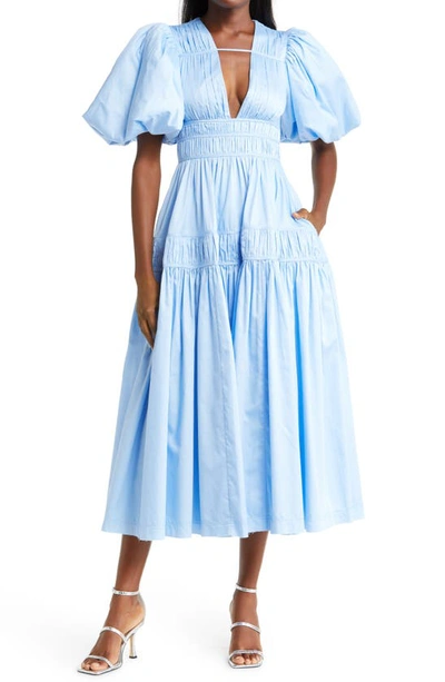 Aje Falling Water Puff Sleeve Cotton Midi Dress In Blue-lt