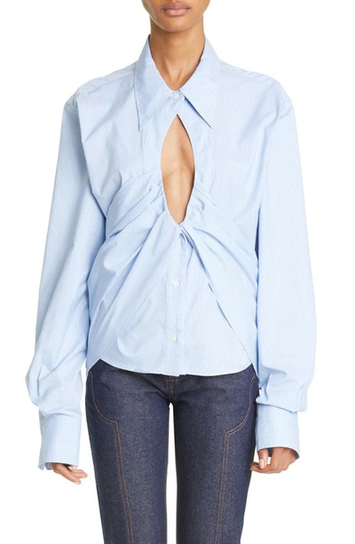 K.ngsley Gender Inclusive The Girl Cutout Button-up Shirt In White/ Blue