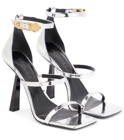 Versace Metallic Leather Sandals In Silver