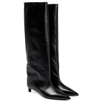Jil Sander Textured-leather Point-toe Knee Boots In Black