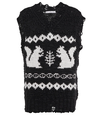 Acne Studios Squirrel Jacquard Distressed Wool Knit V-neck Vest In Black & White