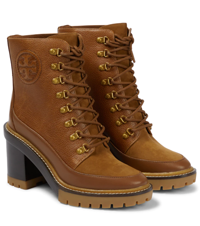 Tory Burch Miller Mixed Leather Lug-sole Combat Booties In Toasted Caramel