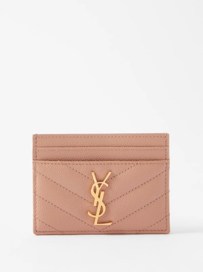 Saint Laurent Ysl-plaque Quilted-leather Cardholder In Beige