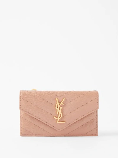 Saint Laurent Ysl-plaque Zipped Quilted-leather Cardholder In Beige