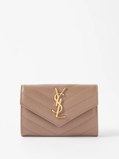 Saint Laurent Ysl-logo Quilted Leather Wallet In Dark Beige