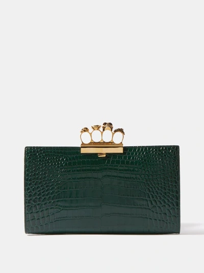 Alexander Mcqueen Skull Four-ring Croc-effect Leather Clutch Bag In Green