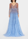 PAMELLA ROLAND OMBRE EMBROIDERED EVENING GOWN