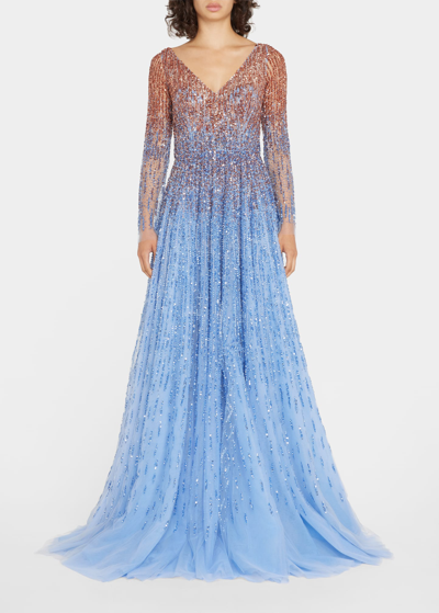 Pamella Roland Ombre Embroidered Evening Gown In Copper Periwinkle