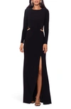 XSCAPE XSCAPE EVENINGS ILLUSION CUTOUT LONG SLEEVE EVENING GOWN