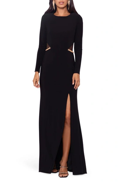 Xscape Illusion Cutout Long Sleeve Evening Gown In Black,nude