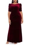 Xscape Ruched Puff Sleeve Velvet Gown In Burgundy