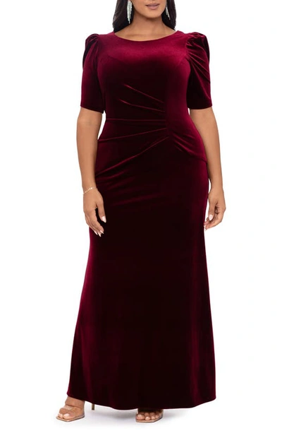 Xscape Ruched Puff Sleeve Velvet Gown In Burgundy