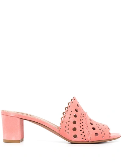 Alaïa Perforated Suede Block-heel Sandals In Pink