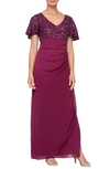 Alex Evenings Sequin Lace & Ruched Chiffon Gown In Pink Plum