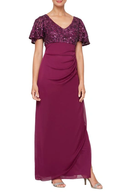 Alex Evenings Sequin Lace & Ruched Chiffon Gown In Pink Plum