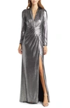 Tadashi Shoji Draped Shimmer Long Sleeve Gown In Steel