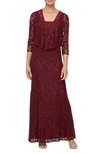 Alex Evenings Sequin Lace Jacket Gown In Wine