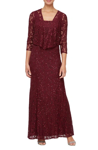 Alex Evenings Sequin Lace Jacket Gown In Wine