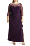 Alex Evenings Illusion Sleeve Side Ruched Gown In Eggplant