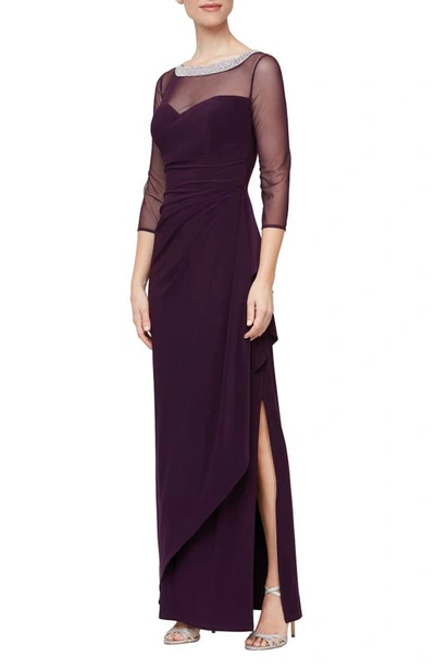 Alex Evenings Illusion Sleeve Side Ruched Gown In Eggplant