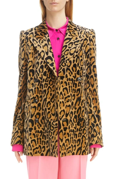 Dries Van Noten Leopard Print Double Breasted Cotton Blend Blazer In Brown