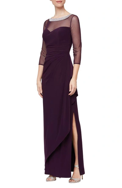 ALEX EVENINGS ILLUSION EMBELLISHED DETAIL JERSEY GOWN