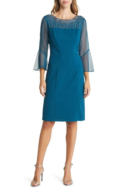 Alex Evenings Embellished Illusion Neck Sheath Dress In Peacock