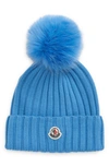 Moncler Wool Rib Beanie With Faux Fur Pompom In Turquoise
