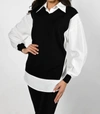 FRANK LYMAN Sweater Vest Detail Blouse in Black/White