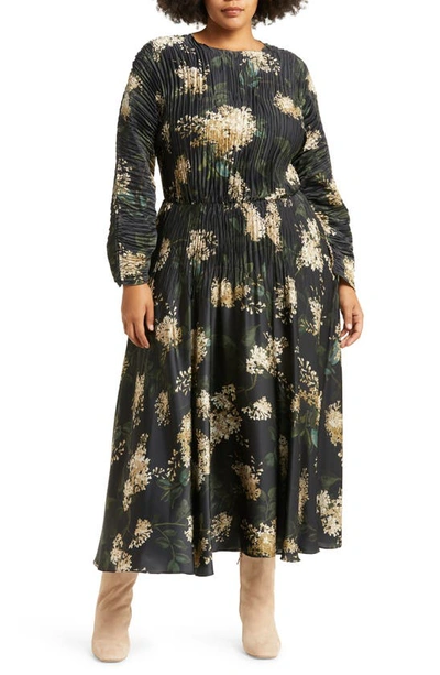 Vince Floral-print Pleated Satin Midi Dress In Coastal-403cbl