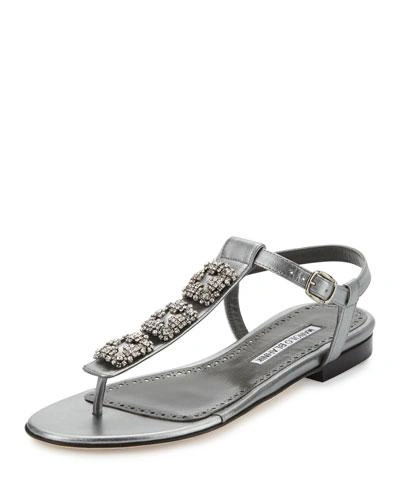 Manolo Blahnik Ottolina Crystal T-strap Sandals, Silver