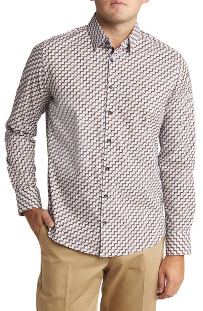 Stone Rose Scotch Print Stretch Cotton Button-up Shirt In White