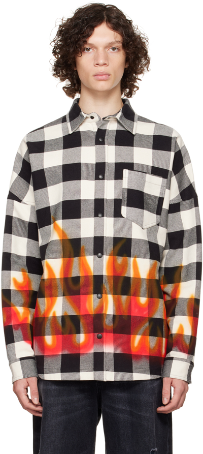 Palm Angels Man Black And White Check Cotton Overshirt With Burning Flames Print In Black Red