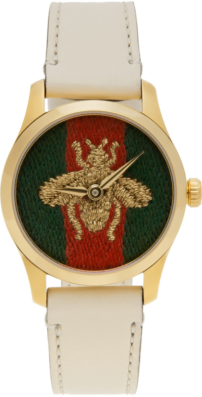 Gucci Off-white & Gold Bee G-timeless Watch In Undefined