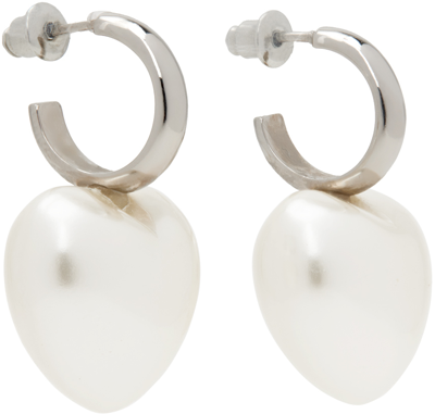 Simone Rocha Imitation Pearl Heart Drop Huggie Hoop Earrings In Silver,white
