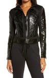 BLANC NOIR QUILTED SNAKE EMBOSSED FAUX PATENT LEATHER & MESH MOTO JACKET