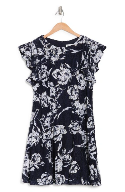 Eliza J Floral Ruffle Sleeve Lace Fit & Flare Dress In Navy
