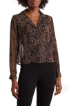 T Tahari Snake Print Long Sleeve Crop Blouse In A/ S Large Blk Brown Snake