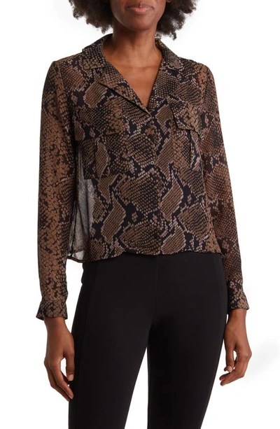 T Tahari Snake Print Long Sleeve Crop Blouse In A/ S Large Blk Brown Snake