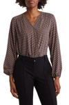 T Tahari Long Sleeve Faux Wrap Blouse In Black Geo Print