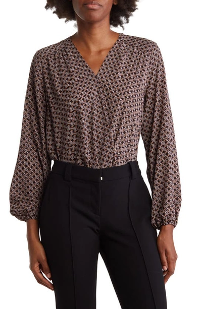 T Tahari Long Sleeve Faux Wrap Blouse In Black Geo Print