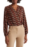 T Tahari Long Sleeve Faux Wrap Blouse In Brown Multi Geo