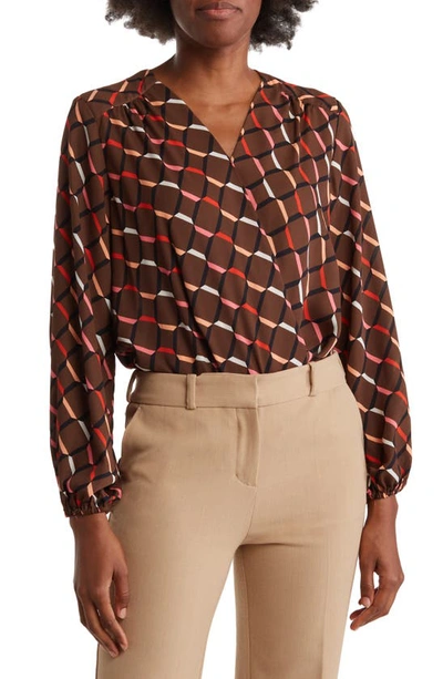 T Tahari Long Sleeve Faux Wrap Blouse In Brown Multi Geo