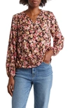 T Tahari Long Sleeve Faux Wrap Blouse In Black/ Pink Multi Ros