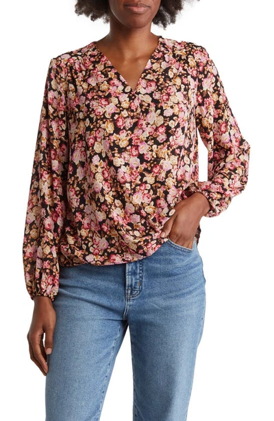 T Tahari Long Sleeve Faux Wrap Blouse In Black/ Pink Multi Ros