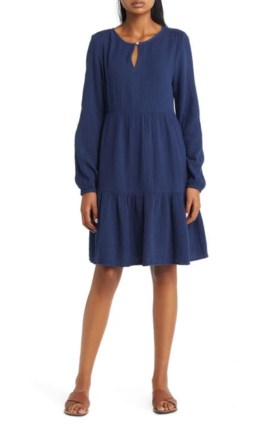 Beachlunchlounge Cate Long Sleeve Tiered Cotton Gauze Dress In Navy