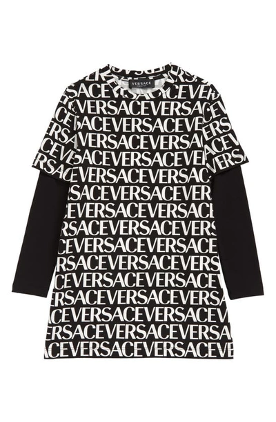 Versace Kids' Allover Logo Print Long Sleeve T-shirt Dress In Monochrome