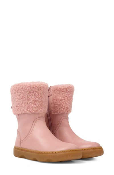 Camper Kids' Faux-shearling Trimmed Leather Boots In Medium Pink