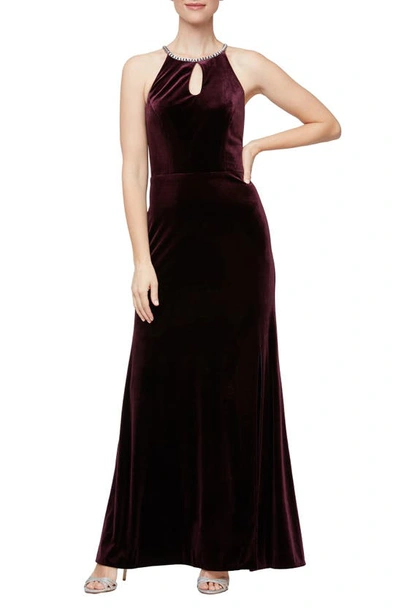 Alex & Eve Women's Embellished-neck Velvet Gown In Purple