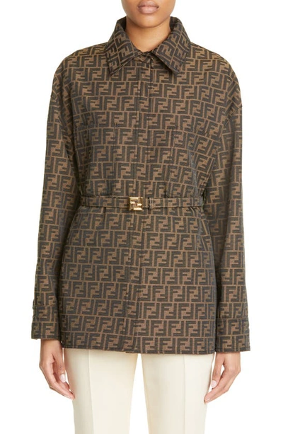 Fendi Go-to Ff-jacquard Belted Canvas Jacket In Marron